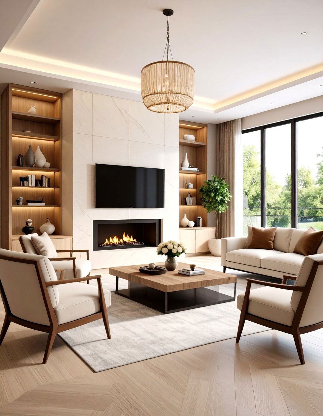 Above Fireplace TV with Symmetrical Seating - 24 Small Living Room Ideas With Tv