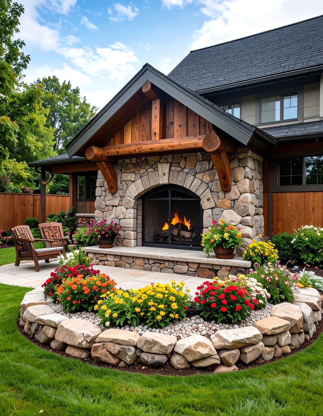 Adirondack Style Outdoor Fireplace with Log Accents - 24 Rustic Outdoor Fireplace Ideas