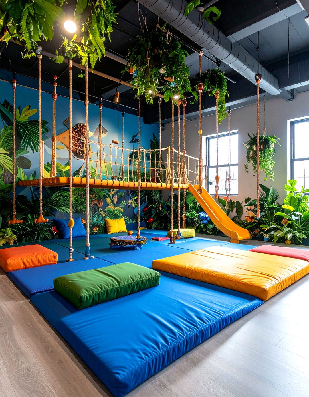 Adventure Jungle Gym Basement Design - 24 Basement Playroom Ideas