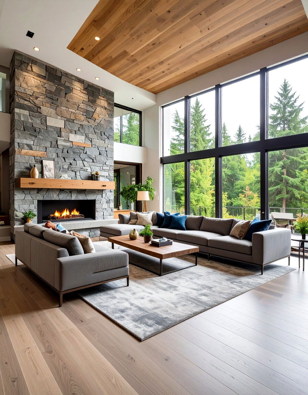 Alaska Gray Stacked Stone Ceiling Height Installation - 24 Stacked Stone Fireplace Ideas