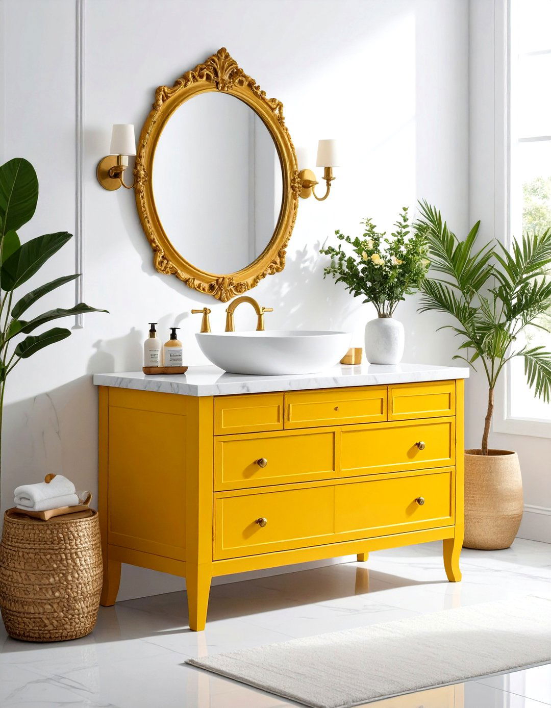 Amber Yellow Vintage Vanity Showcase - 24 Yellow Bathroom Ideas