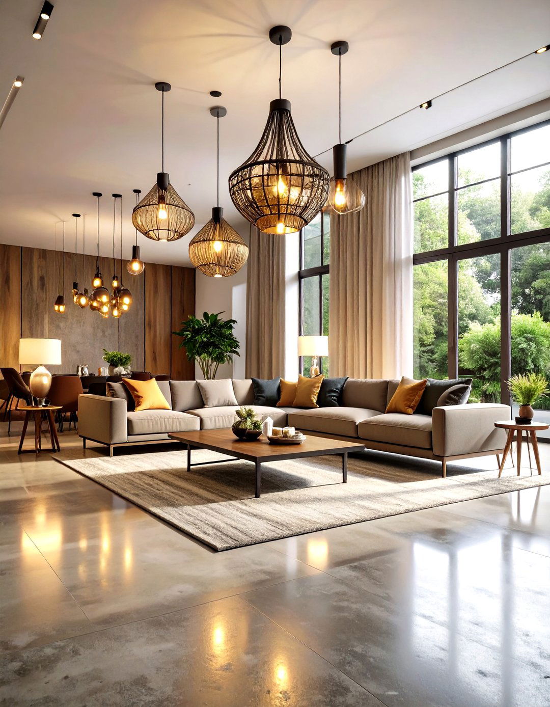 Ambient Lighting Concrete Warmth - 24 Rustic Concrete Floor Living Room Ideas