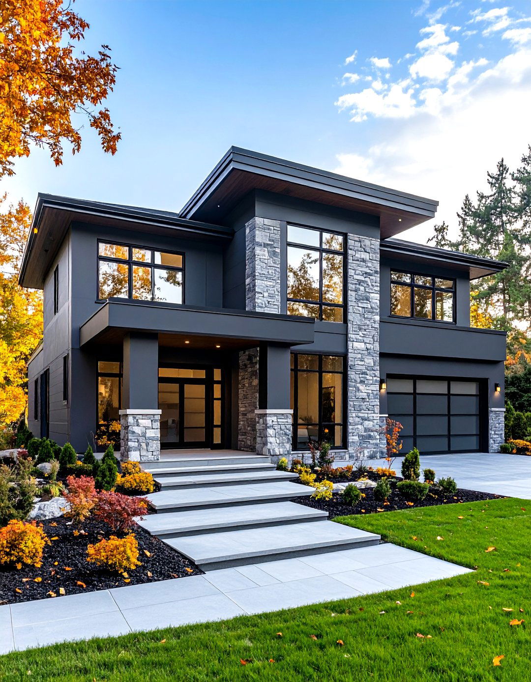 Anthracite Gray Exterior with Limestone - 24 Gray Exterior House Paint Ideas