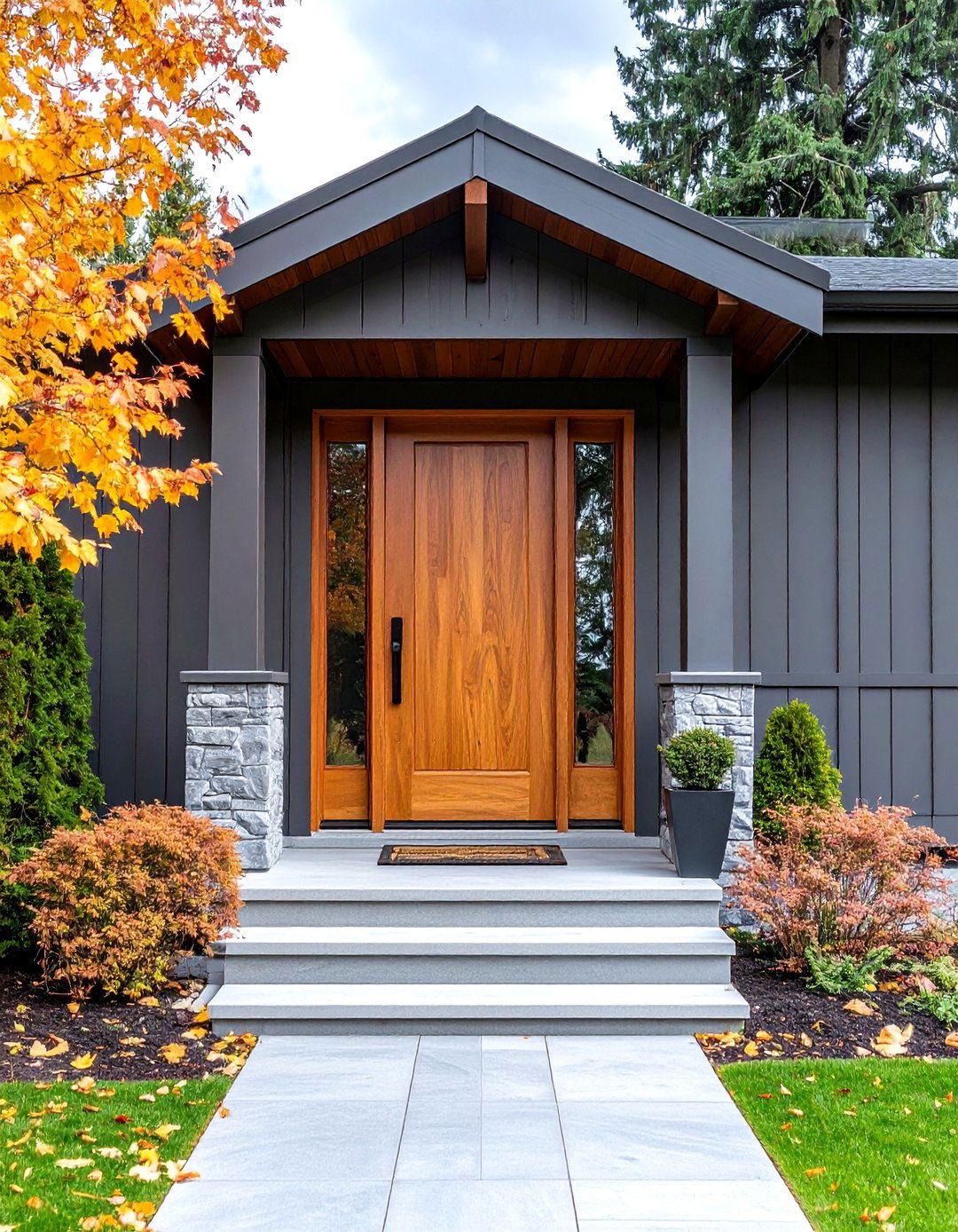 Anthracite Grey Board and Batten with Cedar Front Door - 24 Dark Grey House Exterior Ideas