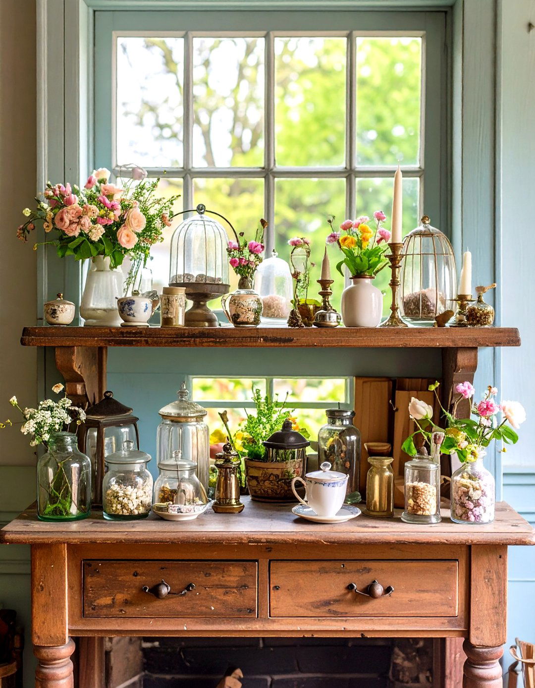 Antique Treasures Display - 24 Spring Mantel Decor Ideas