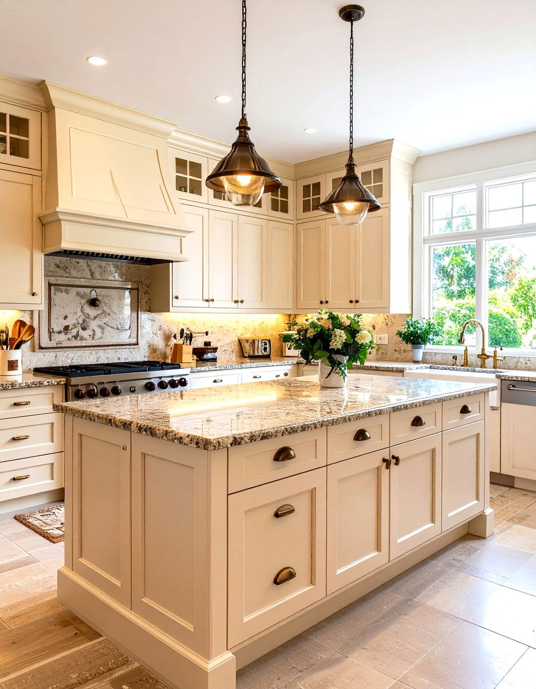 Antique White Cabinets with Natural Stone Countertops