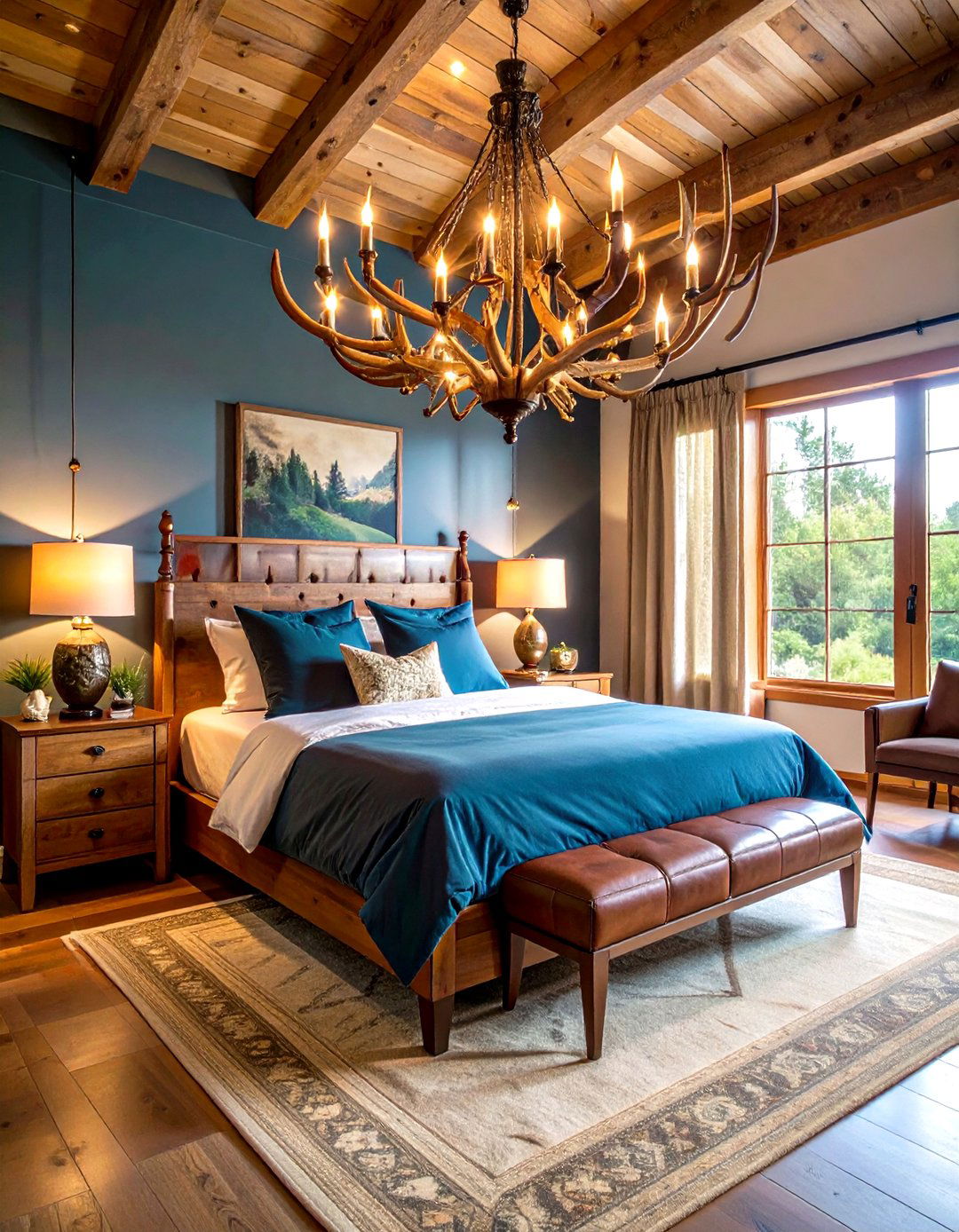 Antler Chandelier Lodge Elegance - 24 Rustic Bedroom Ideas