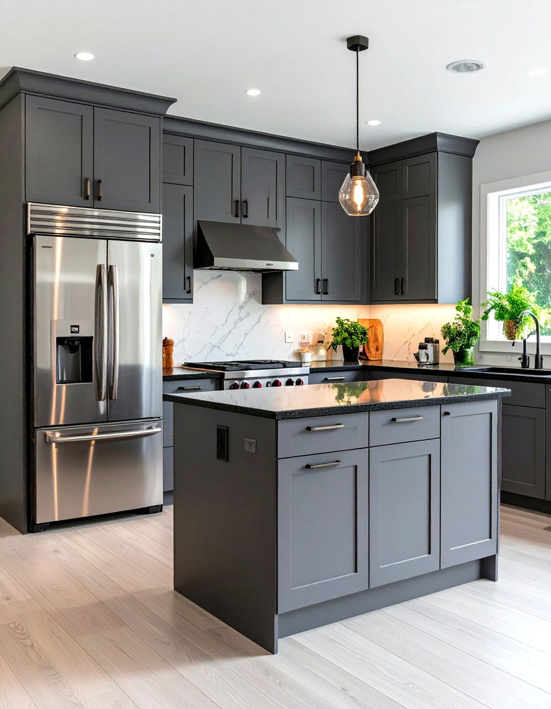 Appliance Integration Strategies - 24 Kitchen With Gray Cabinets And Black Countertops Ideas
