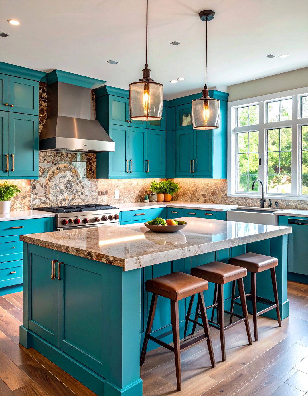 Aqua Blue Contemporary Cabinets with Mahogany Brown Granite Islands - 24 blue kitchen cabinets with brown granite countertops