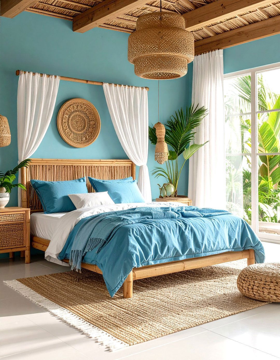 Aqua Blue Tropical Paradise with Natural Materials - 24 blue and green bedroom ideas