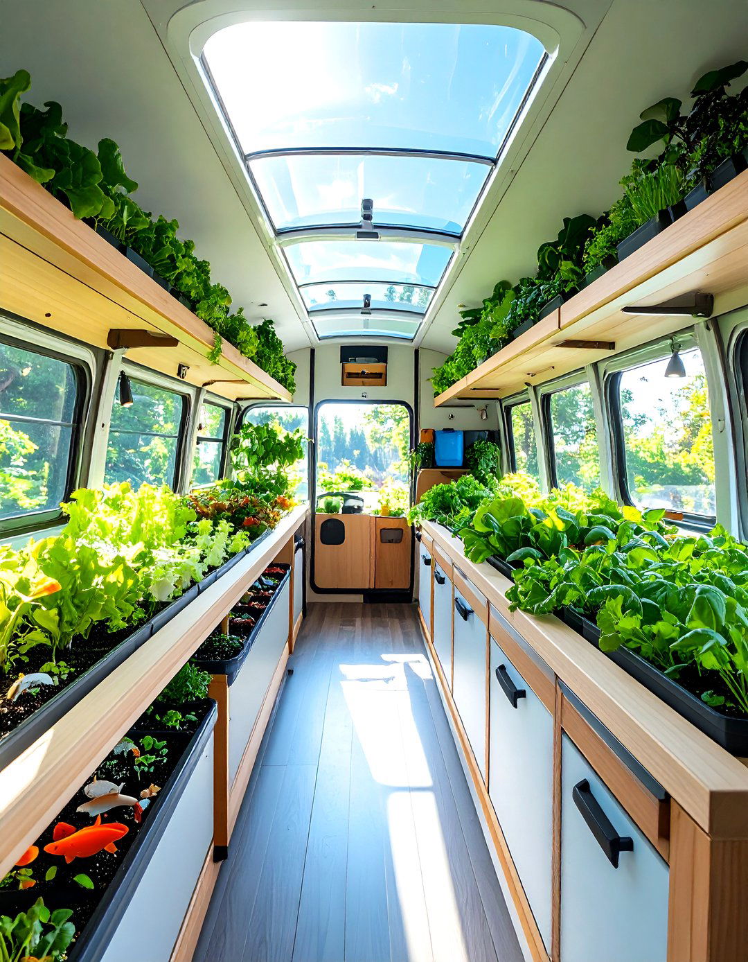 Aquaponic School Bus Greenhouse with Fish Tank Integration - 24 School Bus Greenhouse Ideas