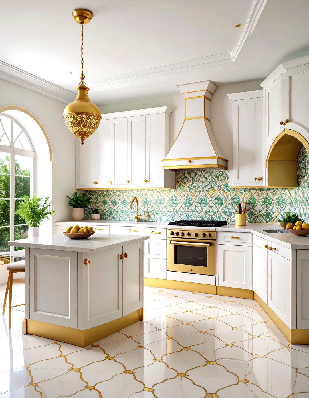 Arabesque White Tiles with Gold Metallic Trim - 24 White and Gold Kitchen Backsplash Ideas
