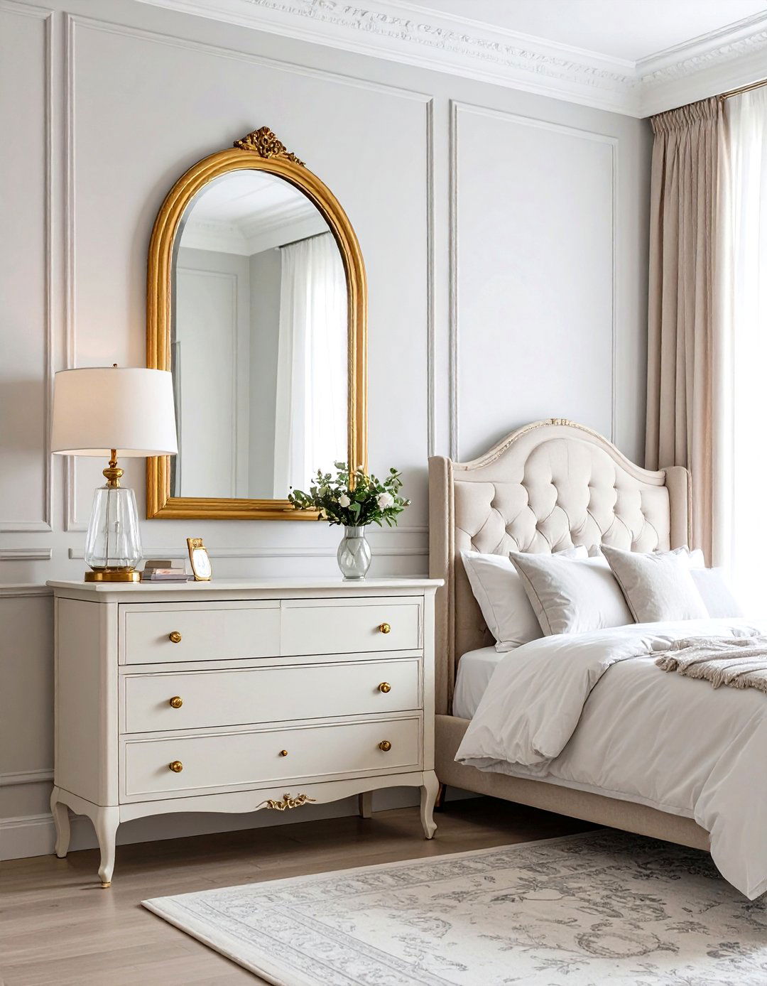 Arched Mirror with Traditional Brass Accents - 24 Mirror Behind Nightstand Design Ideas