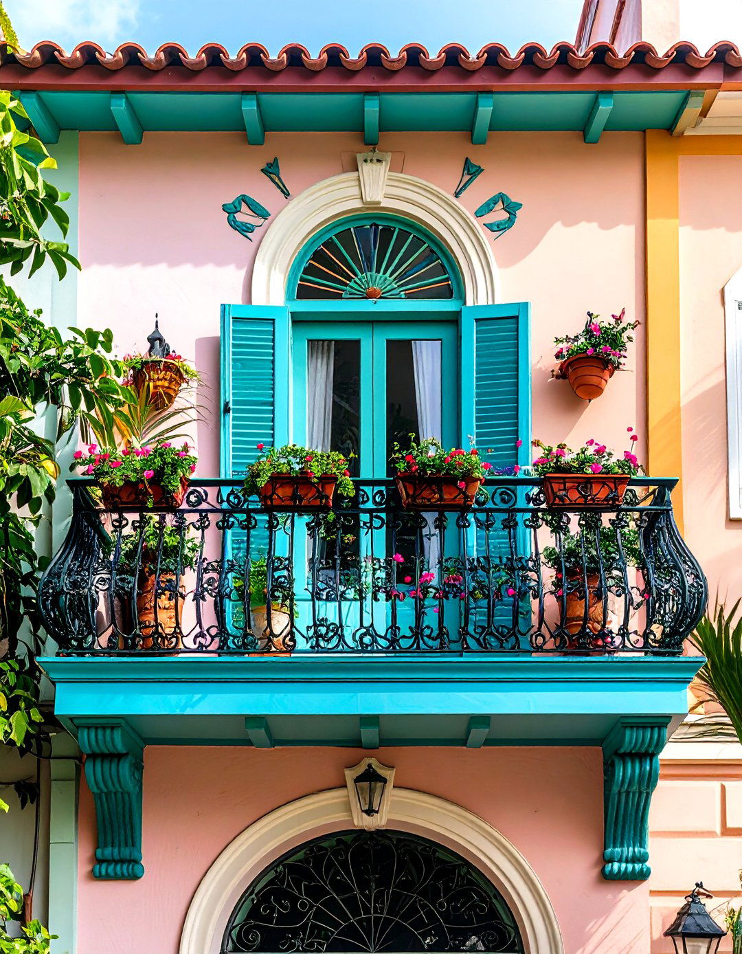 Art Deco Balcony with Geometric Railings and Bold Colors - 24 Balcony Over Garage Ideas