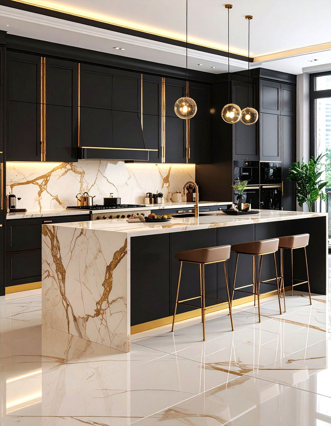 Art Deco Beige Marble and Black Gold Kitchen - 24 black and beige kitchen ideas