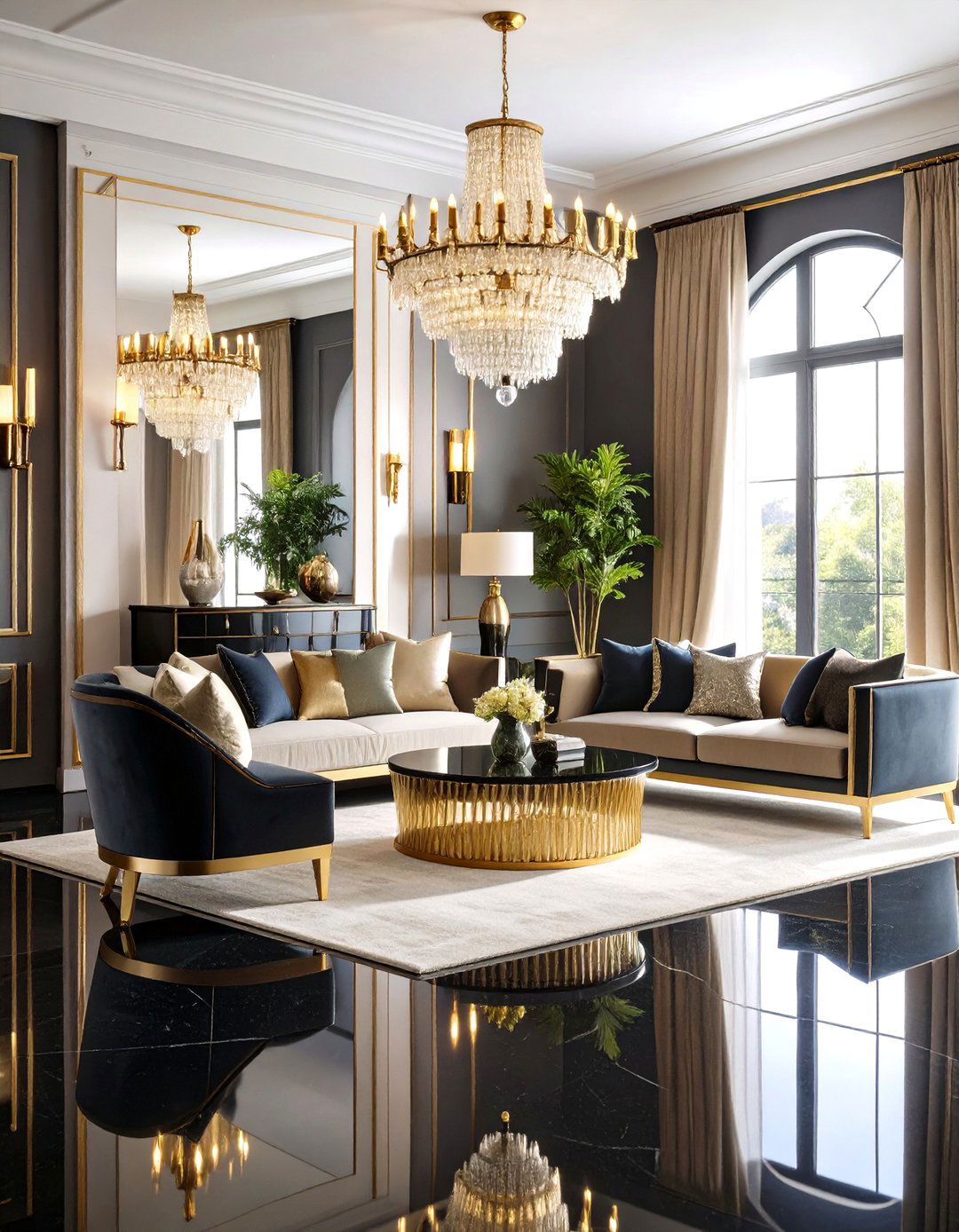 Art Deco Black Floor Elegance - 24 Black Floor Living Room Ideas
