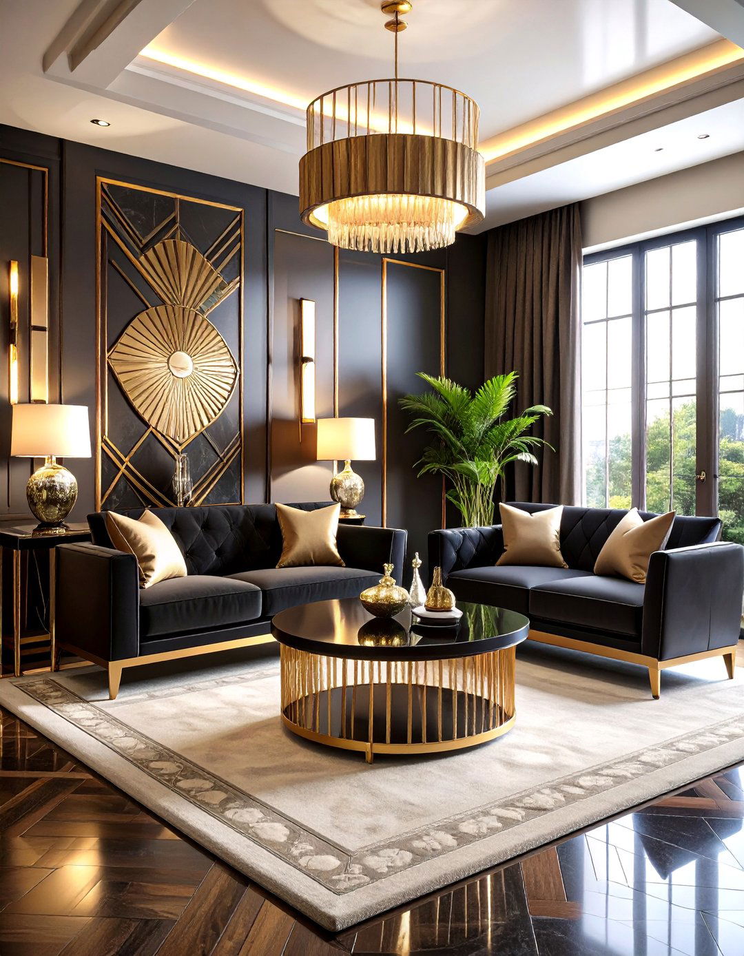 Art Deco Black Living Room Glamour - 24 Black Living Room Ideas