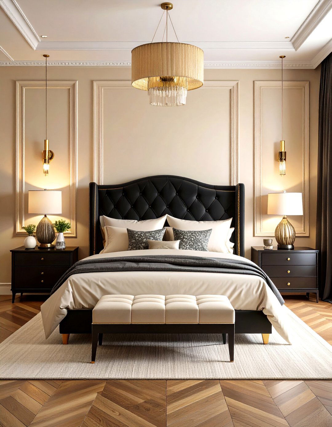Art Deco Cream and Black Bedroom with Geometric Patterns - 24 Cream and Black Bedroom Ideas