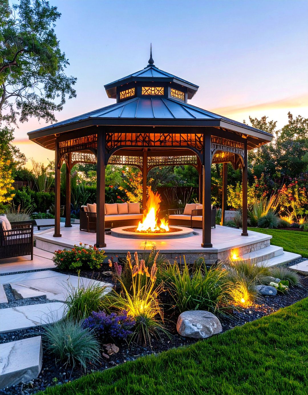 Art Deco Gazebo With Stylized Fire Feature - 24 Gazebo With Fireplace