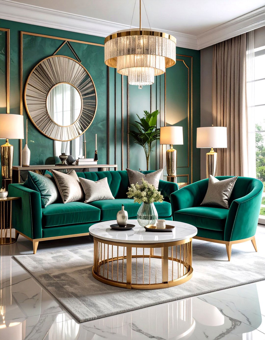 Art Deco Glamour with Emerald and Pewter - 24 Green and Grey Living Room Ideas