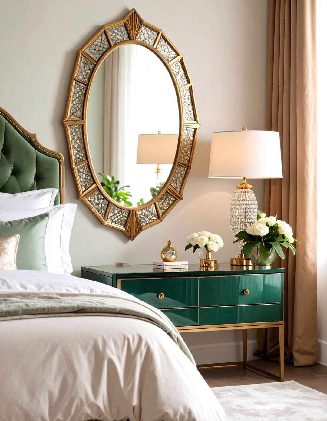 Art Deco Glamour with Metallic Finishes - 24 Mirror Behind Nightstand Design Ideas