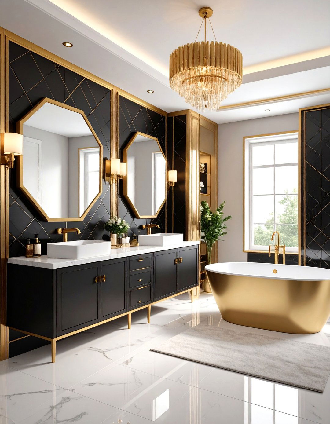 Art Deco Gold and Black Geometric Bathroom - 24 Gold Bathroom Ideas