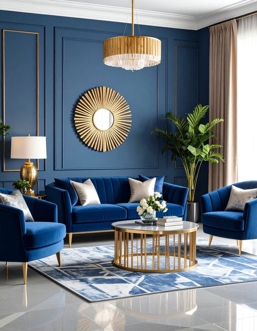 Art Deco Grey Floor with Sapphire Blue Walls - 24 grey floor living room with blue walls ideas