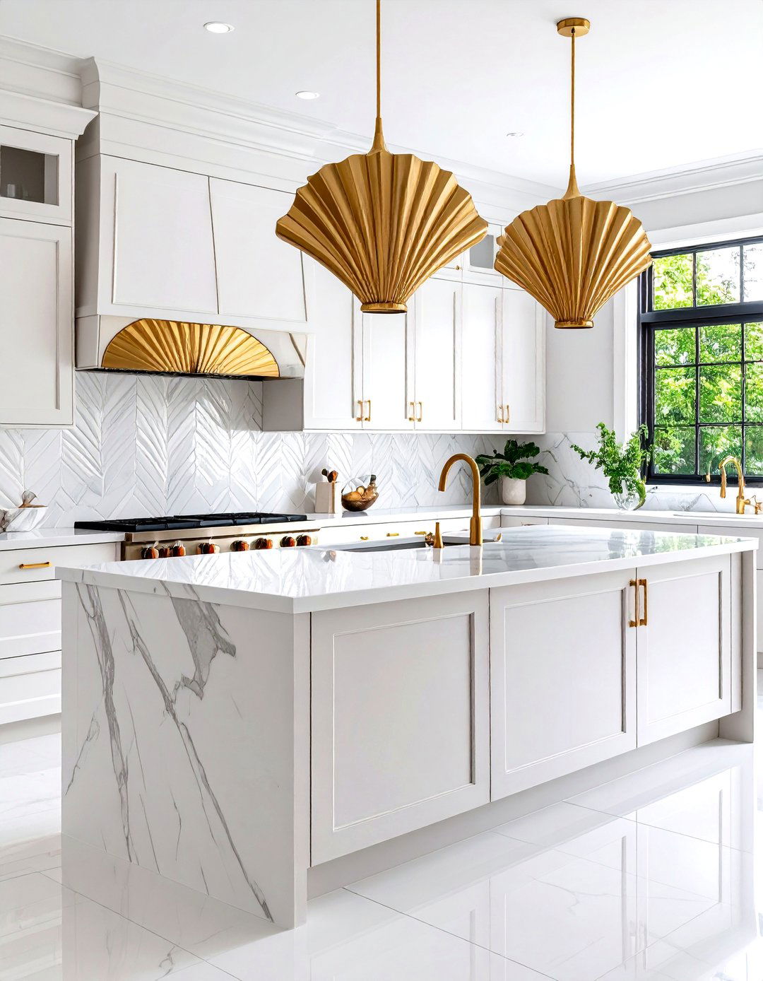 Art Deco Inspired Fan Pattern - 24 White Cabinet Kitchen Backsplash Ideas