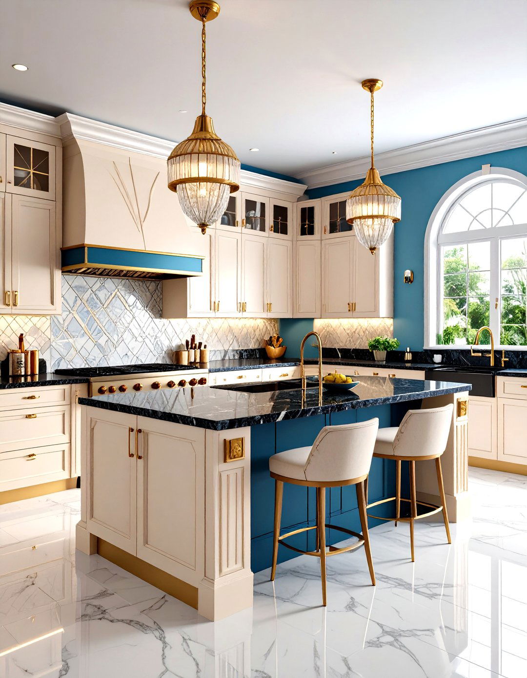 Art Deco Kitchen with Cream Cabinets and Black Granite Surfaces - 24 kitchen with dark countertops and light cabinets