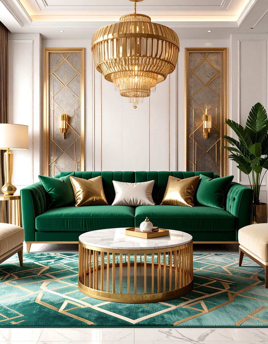 Art Deco Living Room with Geometric Patterns and Metallic Accents - 24 Cozy Living Room Ideas