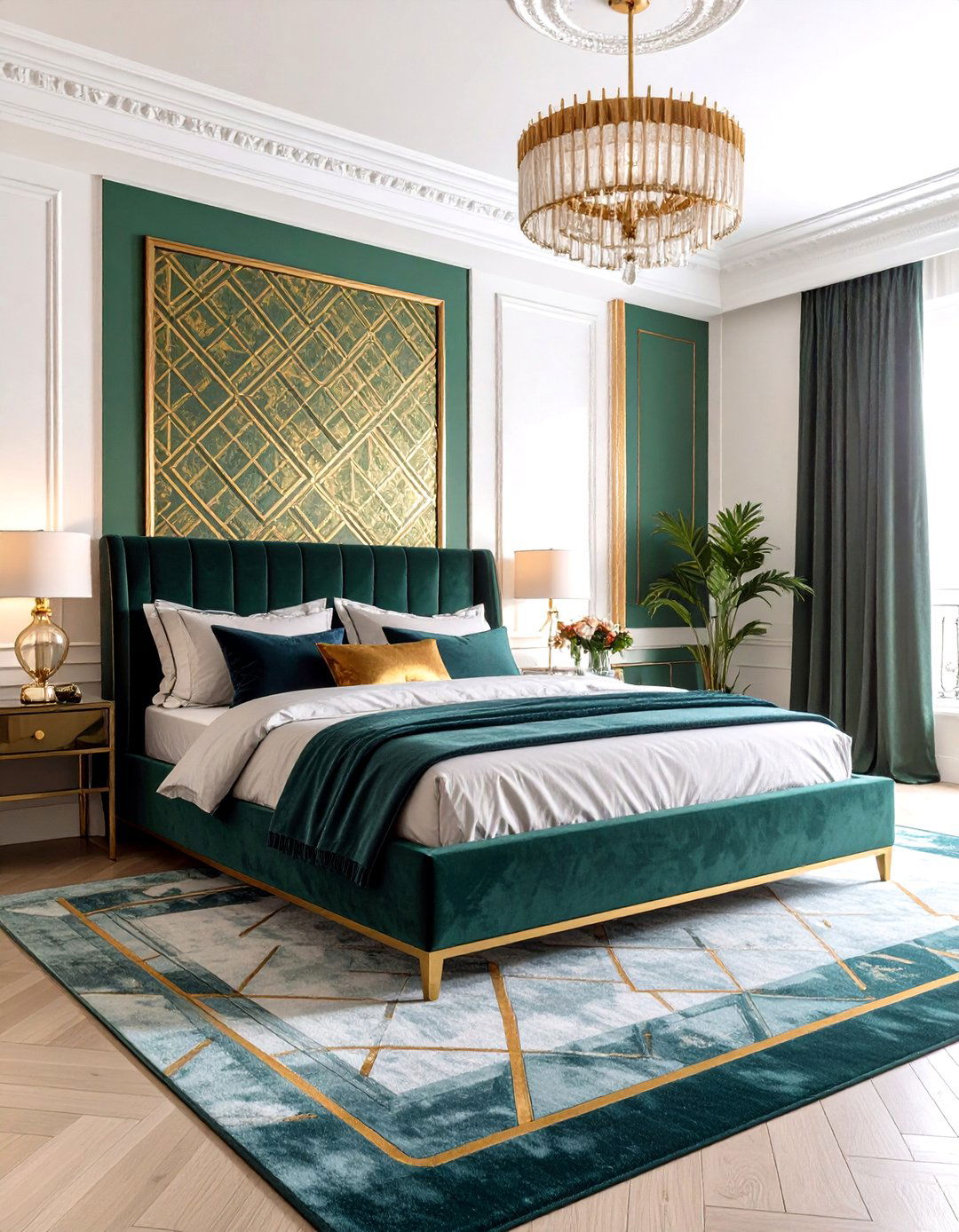 Art Deco Parisian Bedroom with Geometric Patterns and Metallic Accents - 24 Parisian Themed Bedroom Ideas