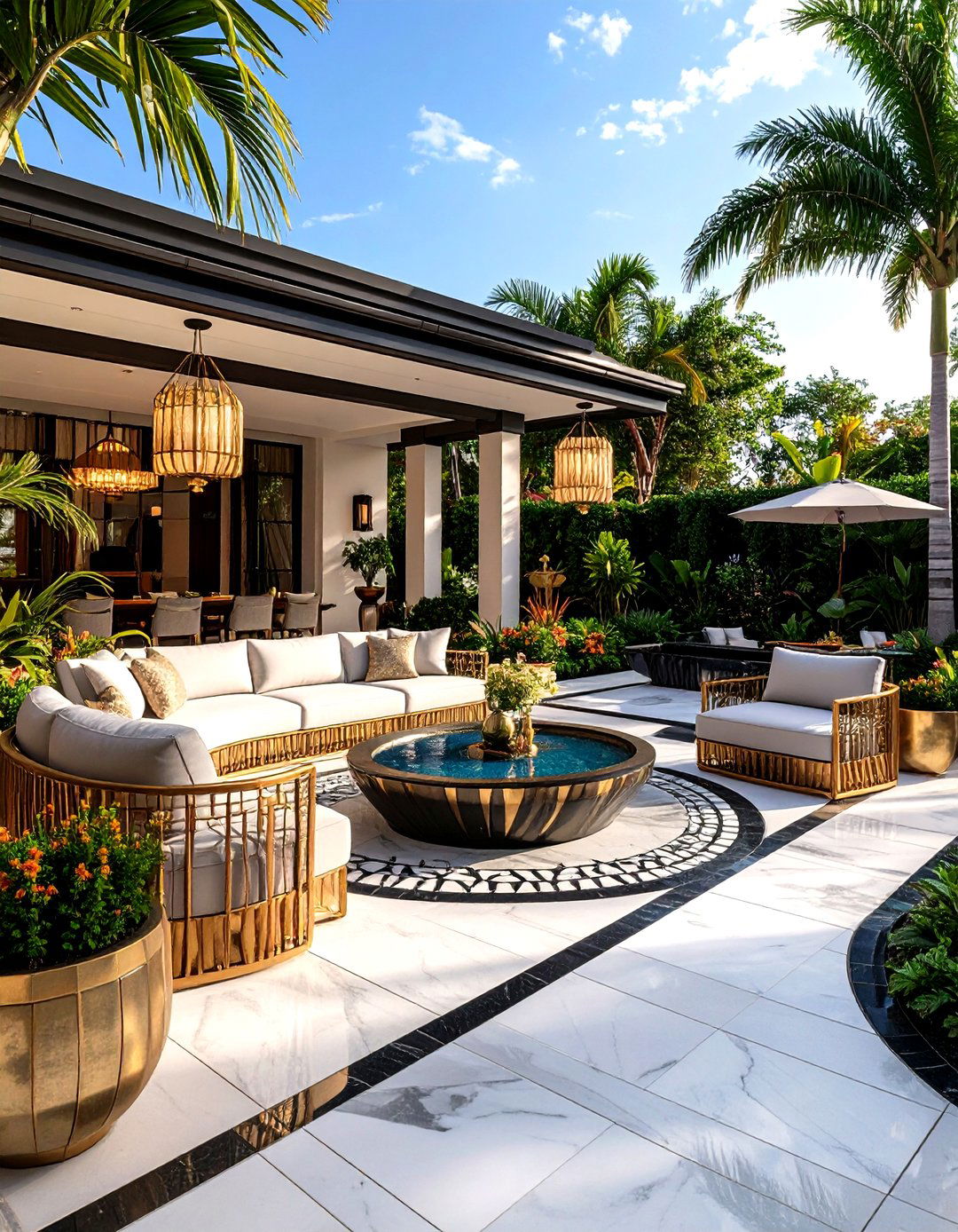 Art Deco Patio with Geometric Patterns and Metallic Accents