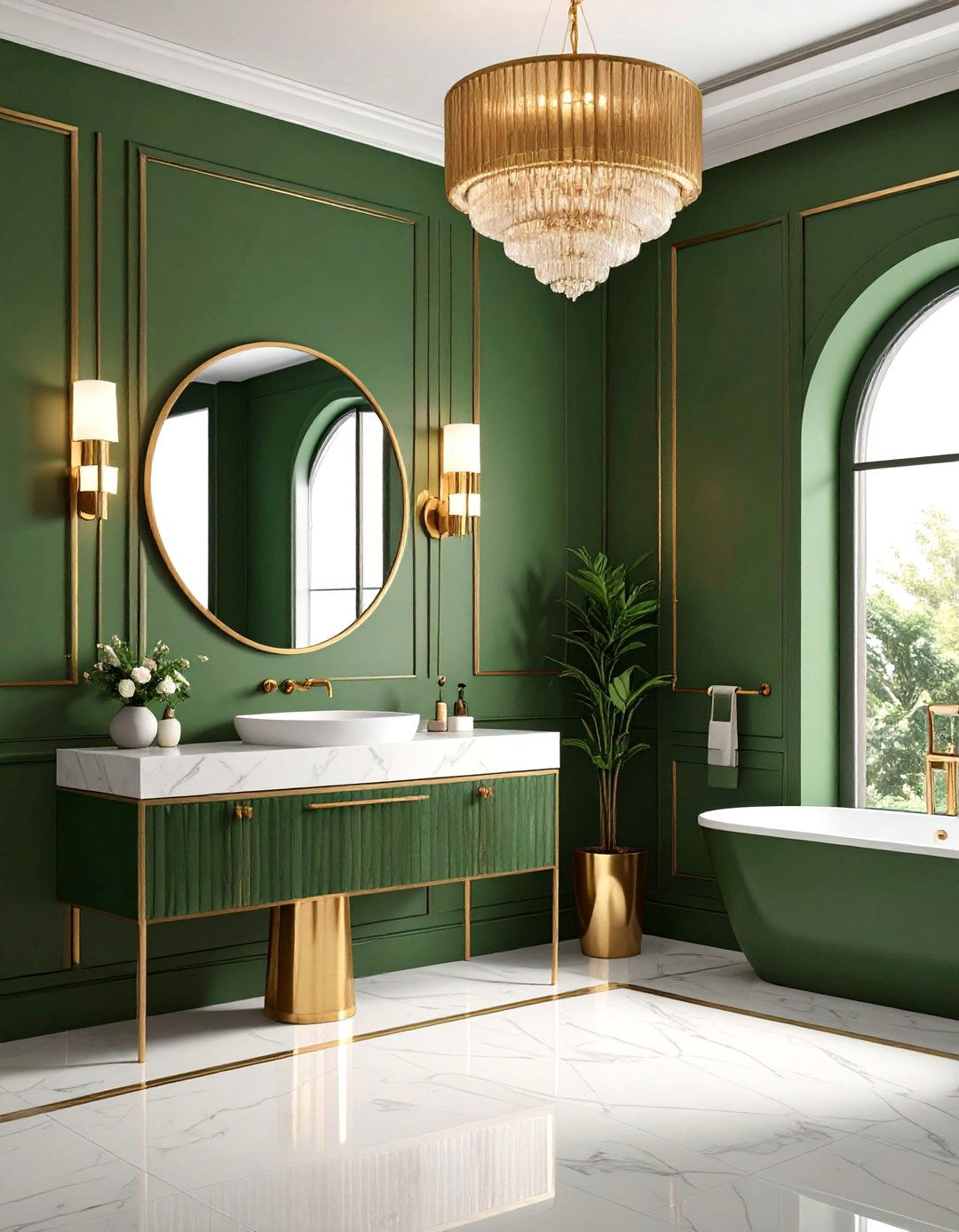 Art Deco Powder Room with Olive Green and Gold Accents - 24 Olive Green Room Ideas