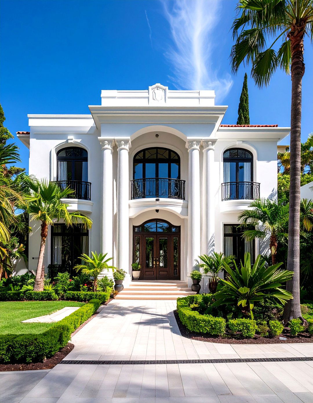 Art Deco Revival with Black Geometric Details - 24 single story white house black trim