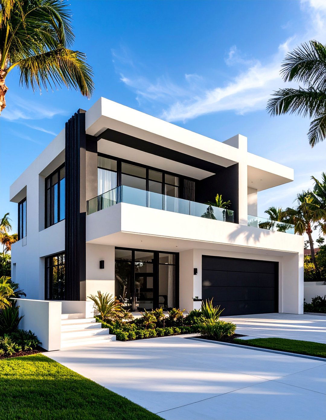 Art Deco Streamline White Walls with Black Geometric Patterns - 24 Black and White House Exterior Ideas