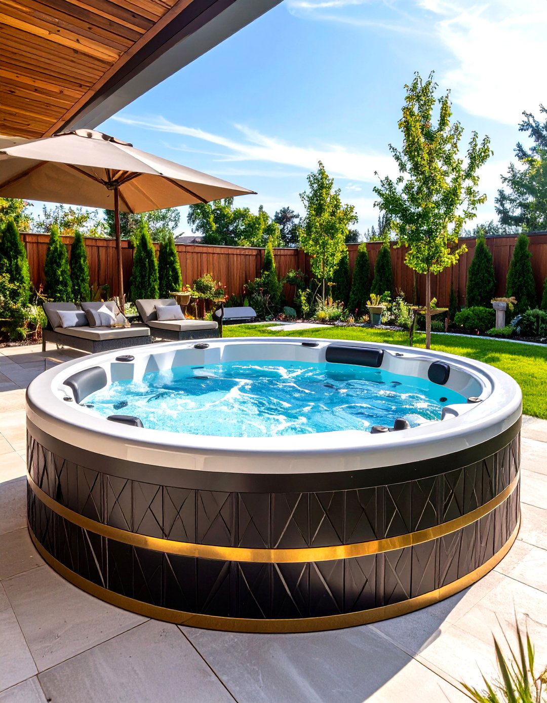 Art Deco Sunken Hot Tub with Metallic Accents - 24 Sunken Hot Tub Ideas