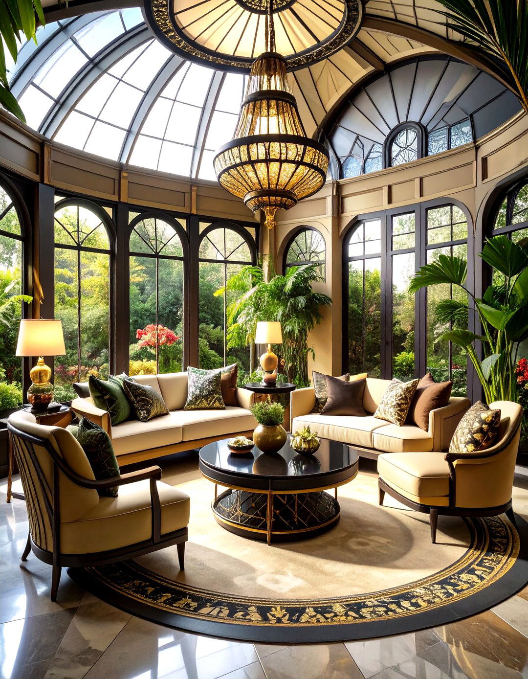 Art Deco Sunroom with Geometric Patterns and Metallic Accents - 24 Sunroom Ideas