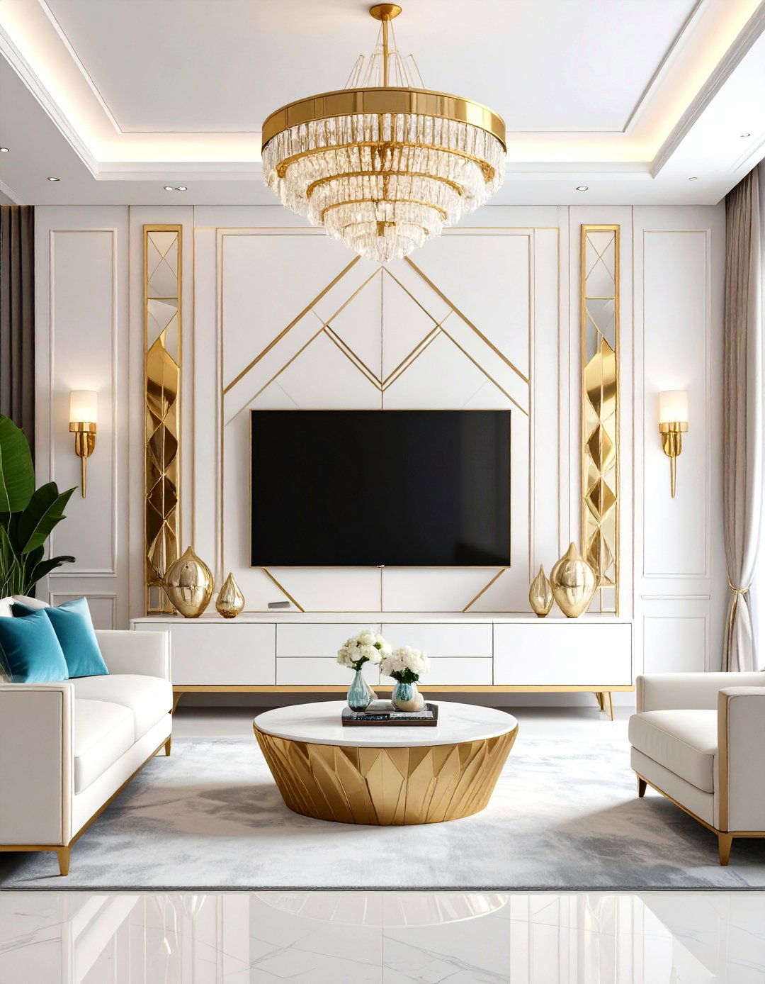 Art Deco TV Wall with Geometric Metallic Patterns - 24 Tv Wall Ideas