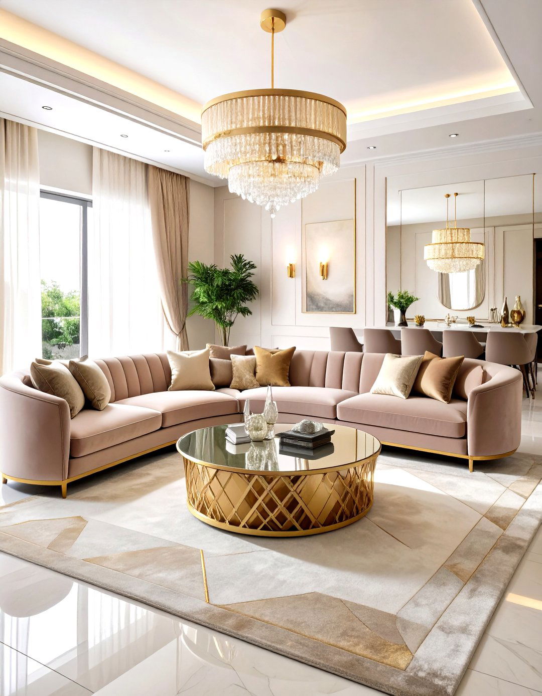 Art Deco Taupe Living Room with Glamorous Details - 24 Taupe Living Room Ideas