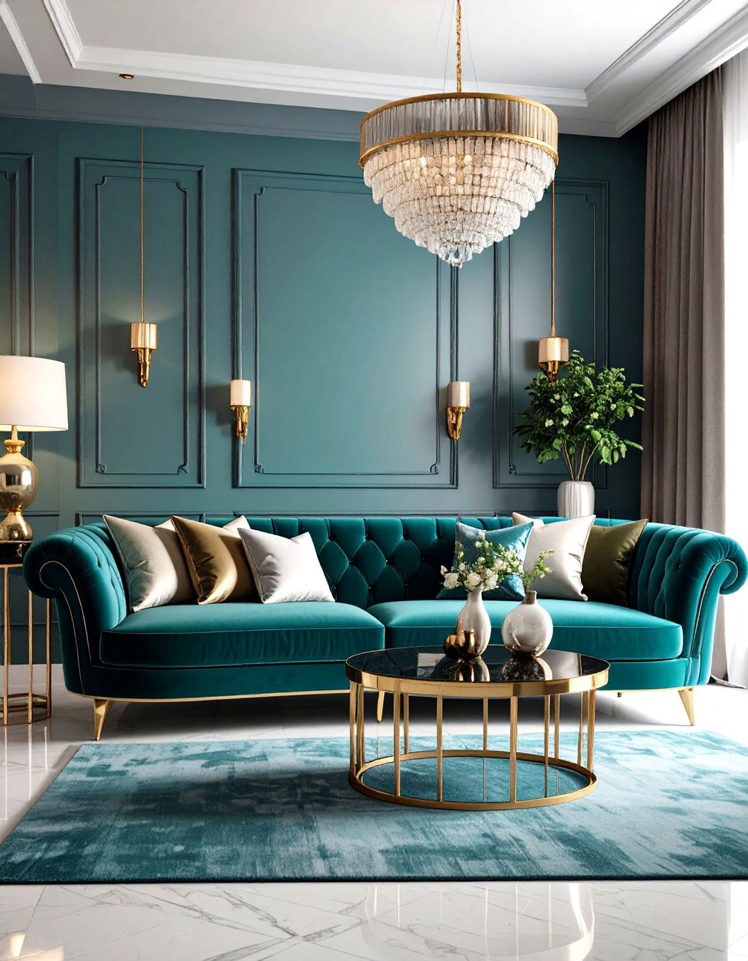 Art Deco Teal Couch with Glamorous Details - 24 Teal Couch Living Room Ideas