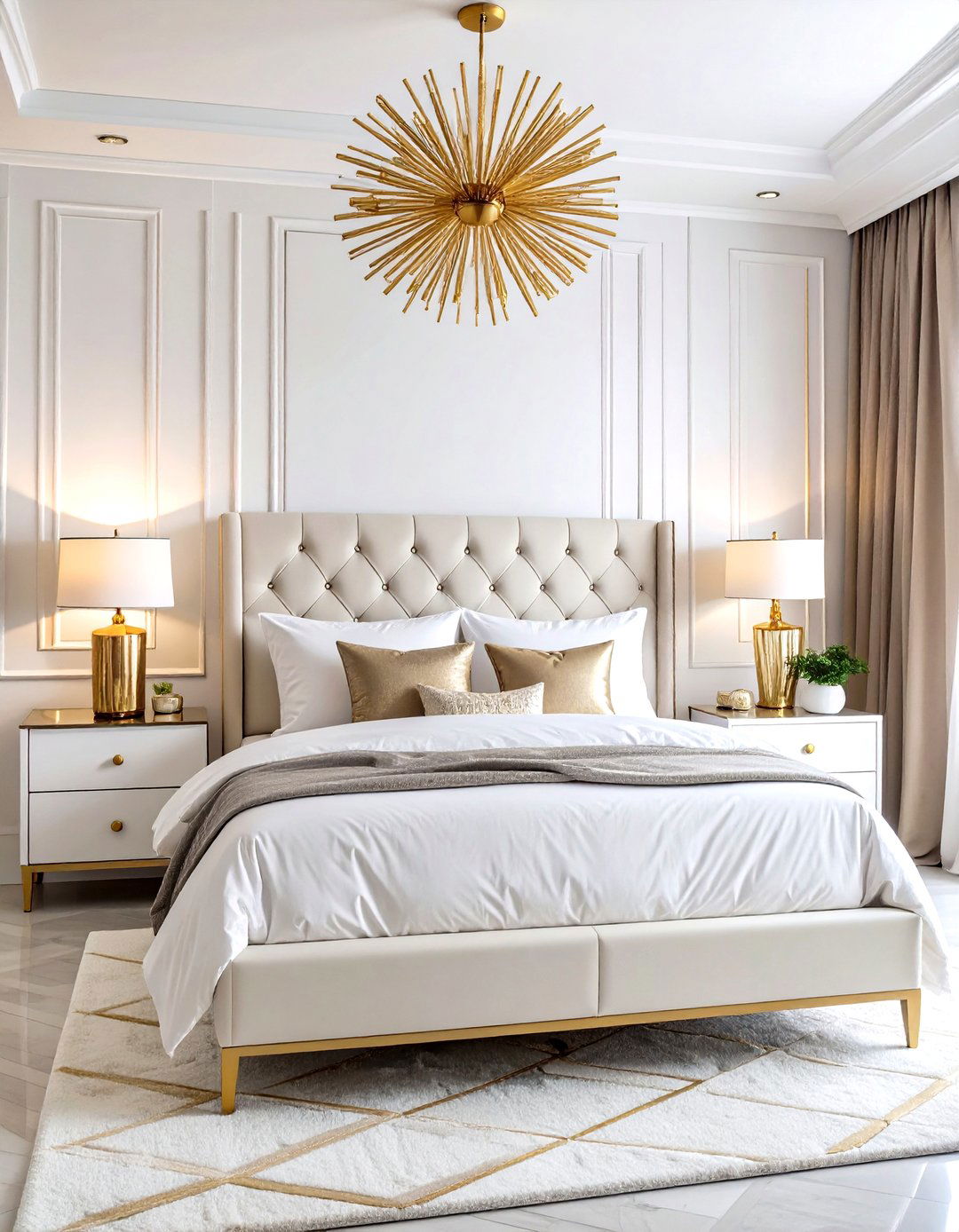 Art Deco White Bedroom with Geometric Gold Patterns - 24 White and Gold Bedroom Ideas