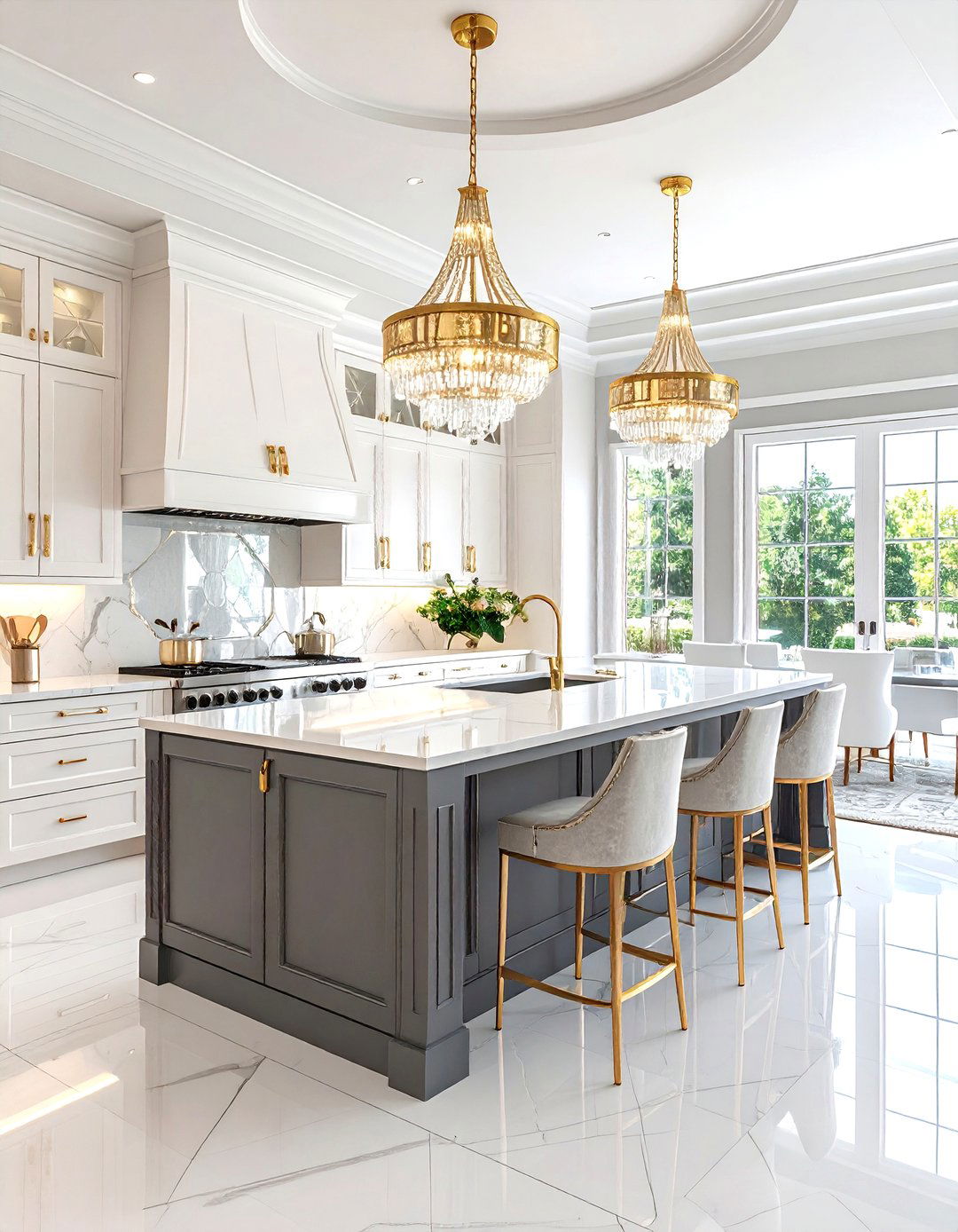 Art Deco White Cabinets With Charcoal Grey Island - 24 White Kitchen Cabinets With Grey Island Ideas