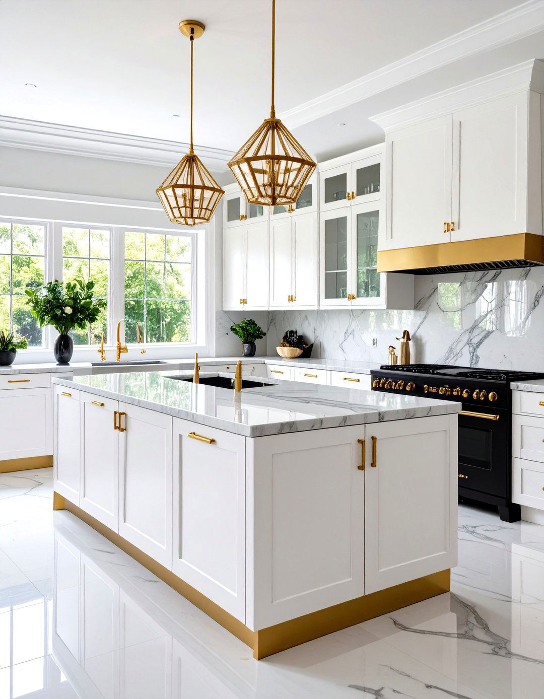 Art Deco White Cabinets with Geometric Gold Hardware - 24 White Kitchen Cabinets With Gold Hardwar