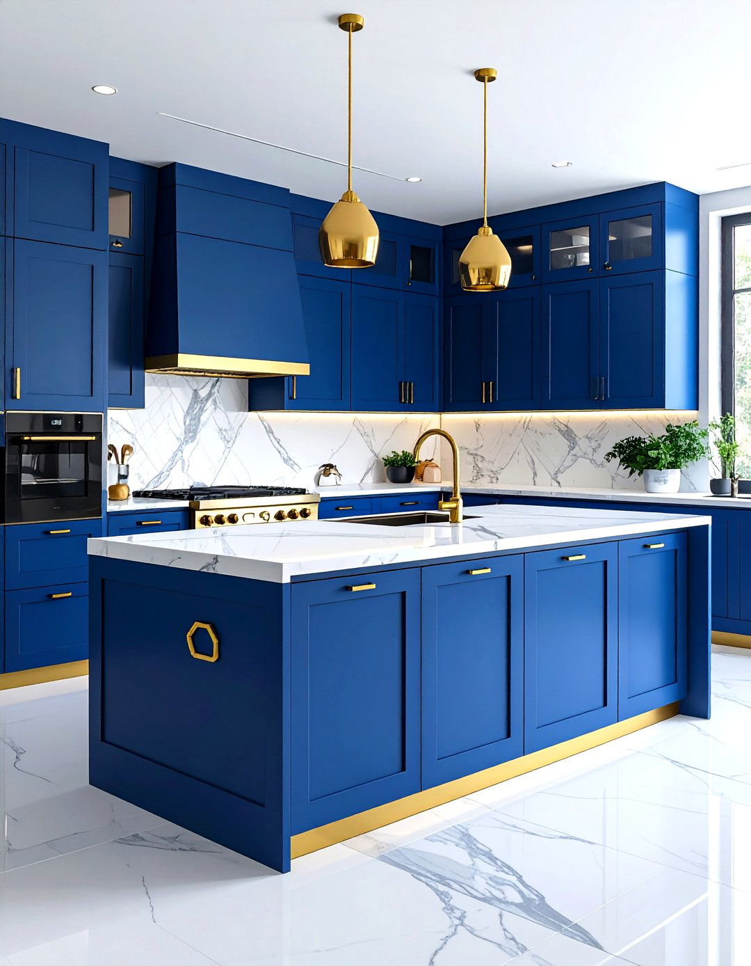 Art Deco with Sapphire Blue Cabinets - 24 blue kitchen cabinets with gold hardware