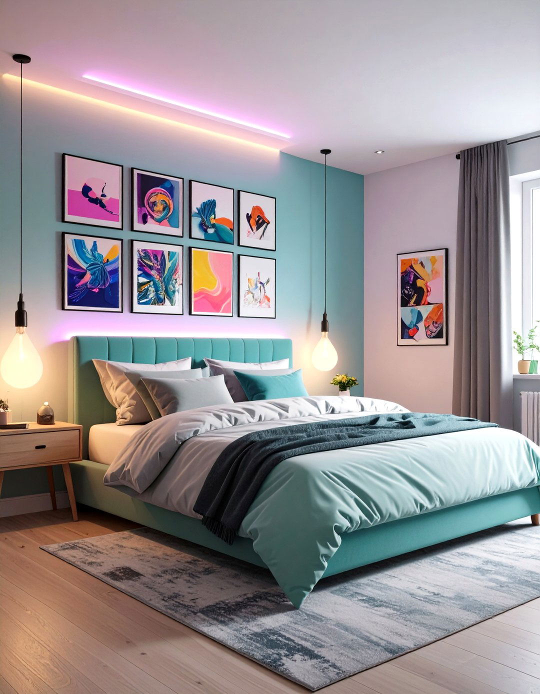 Artistic Gallery Wall - 24 Neon Bedroom Ideas