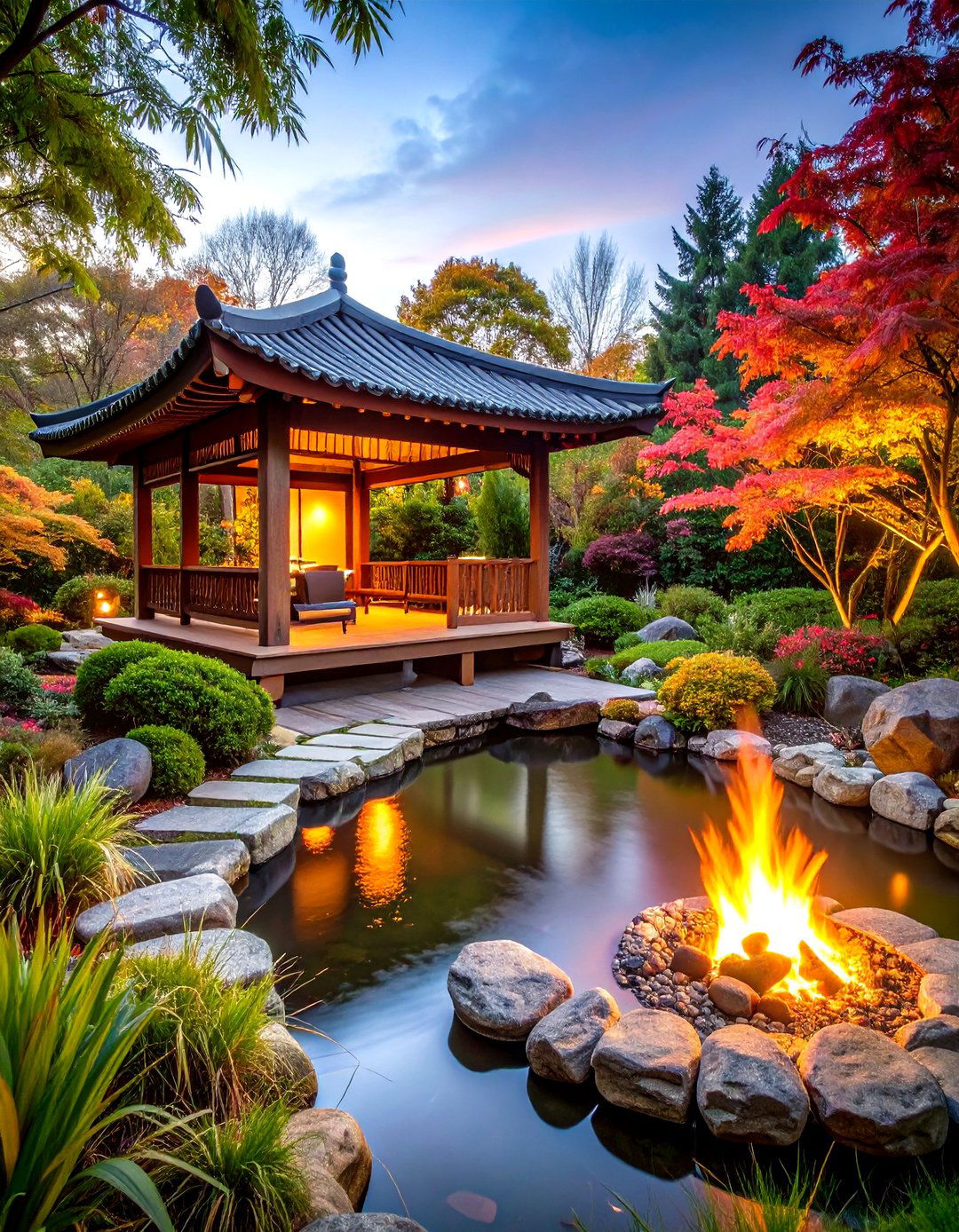 Asian Inspired Gazebo With Zen Fire Feature - 24 Gazebo With Fireplace