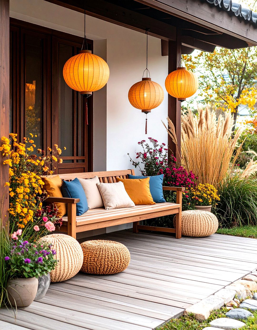 Asian Inspired Porch with Lanterns and Ornamental Grasses - 24 Small Porch Ideas
