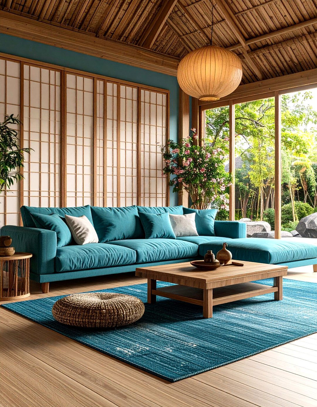 Asian Inspired Teal Couch with Eastern Elements - 24 Teal Couch Living Room Ideas