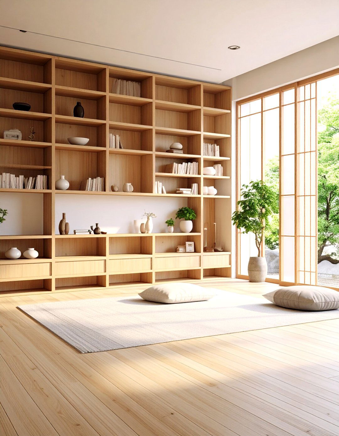 Asian Inspired Zen Bookcase Design - 24 Bookcases Around Window Design Ideas