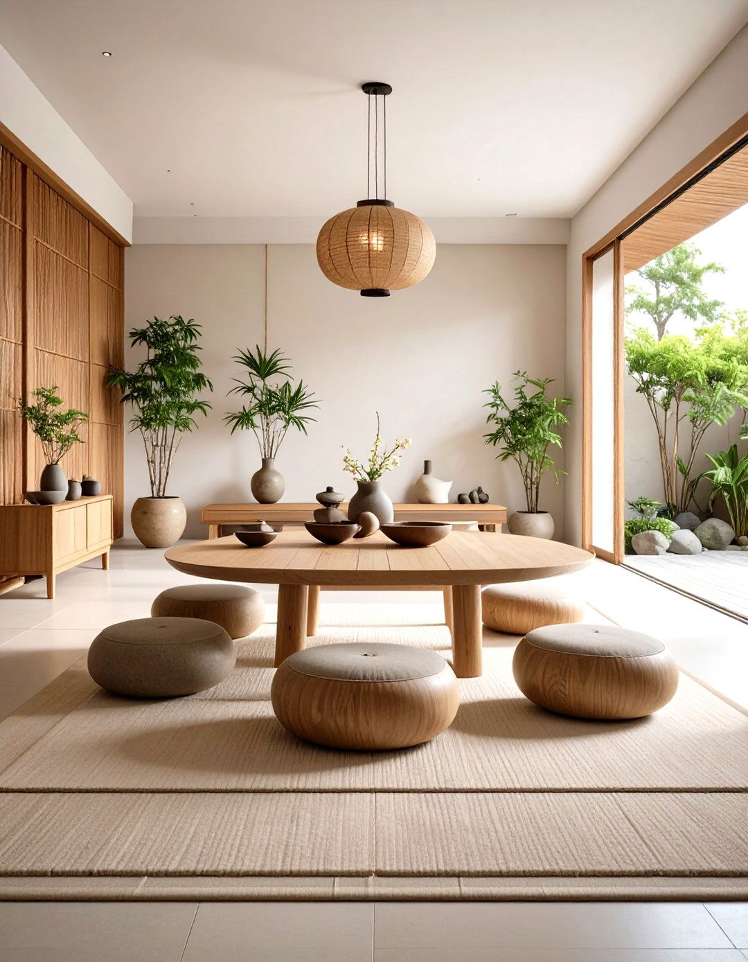 Asian Inspired Zen Garden with Bamboo Elements - 24 Round Table Decor Ideas